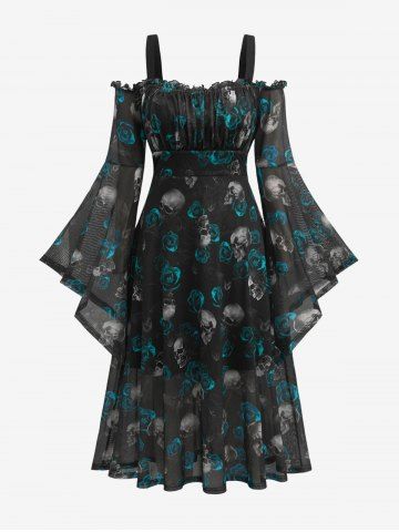 Plus Size Gothic Skull Rose Print Mesh Bell Sleeves Cold Shoulder Dress - BLUE - 5X | US 30-32