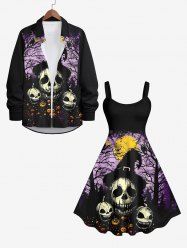 Halloween Costume Skulls Pumpkin Moon Tree Bird Print Plus Size Matching Outfit For Couples -  
