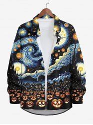 Plus Size Halloween Costume Moon Pumpkin Wizard Ghost Star Oil Painting Print Buttons Long Sleeve Shirt For Men -  