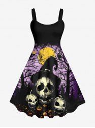 Robe Costume D'Halloween Citrouille Crâne et Arbre Imprimés de Grande Taille - Noir M