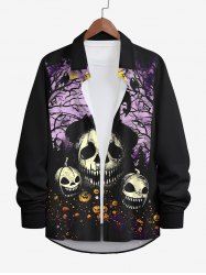 Plus Size Halloween Costume Skulls Pumpkin Moon Tree Bird Print Buttons Long Sleeve Shirt For Men -  