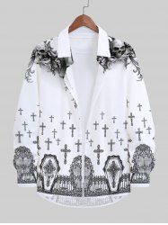 Chemisier à Manches Longues avec Imprimé Clôture Boutons et Crânes D'Halloween Grande-Taille pour Hommes - Blanc 7XL
