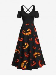 Maxi Robe D'Halloween Lanterne de Citrouille Croisée Imprimées Ligne A de Grande Taille - Noir 2X