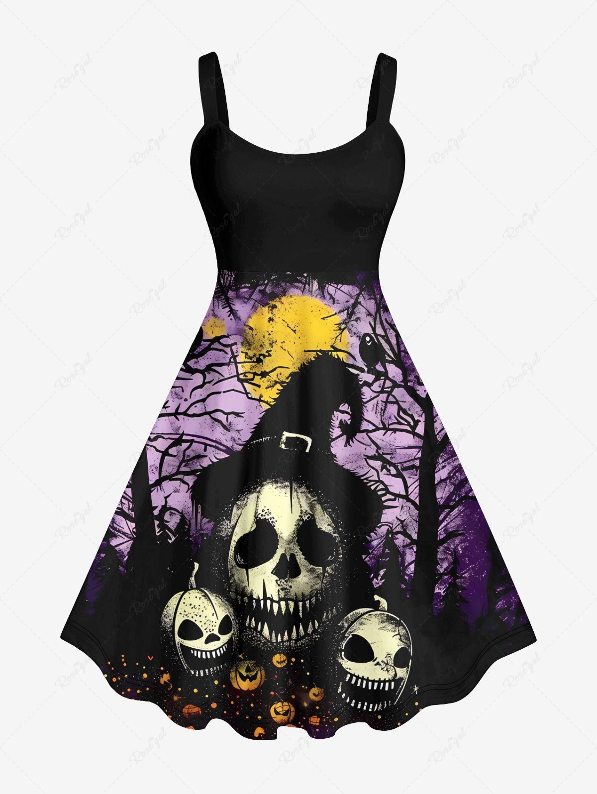 Robe Costume D'Halloween Citrouille Crâne et Arbre Imprimés de Grande Taille Noir M