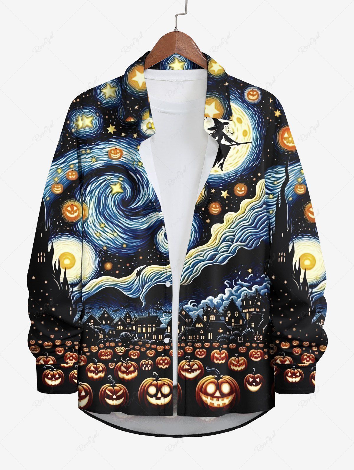 New Plus Size Halloween Costume Moon Pumpkin Wizard Ghost Star Oil Painting Print Buttons Long Sleeve Shirt For Men  