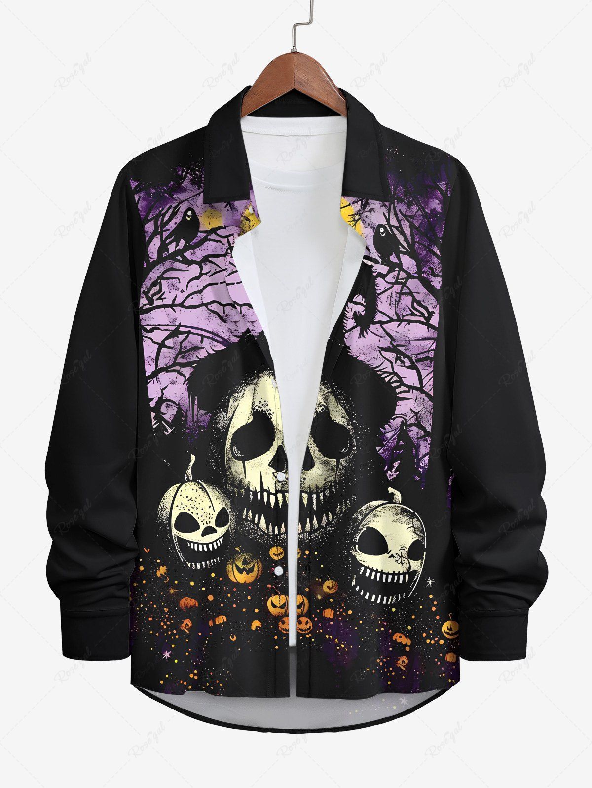 Best Plus Size Halloween Costume Skulls Pumpkin Moon Tree Bird Print Buttons Long Sleeve Shirt For Men  