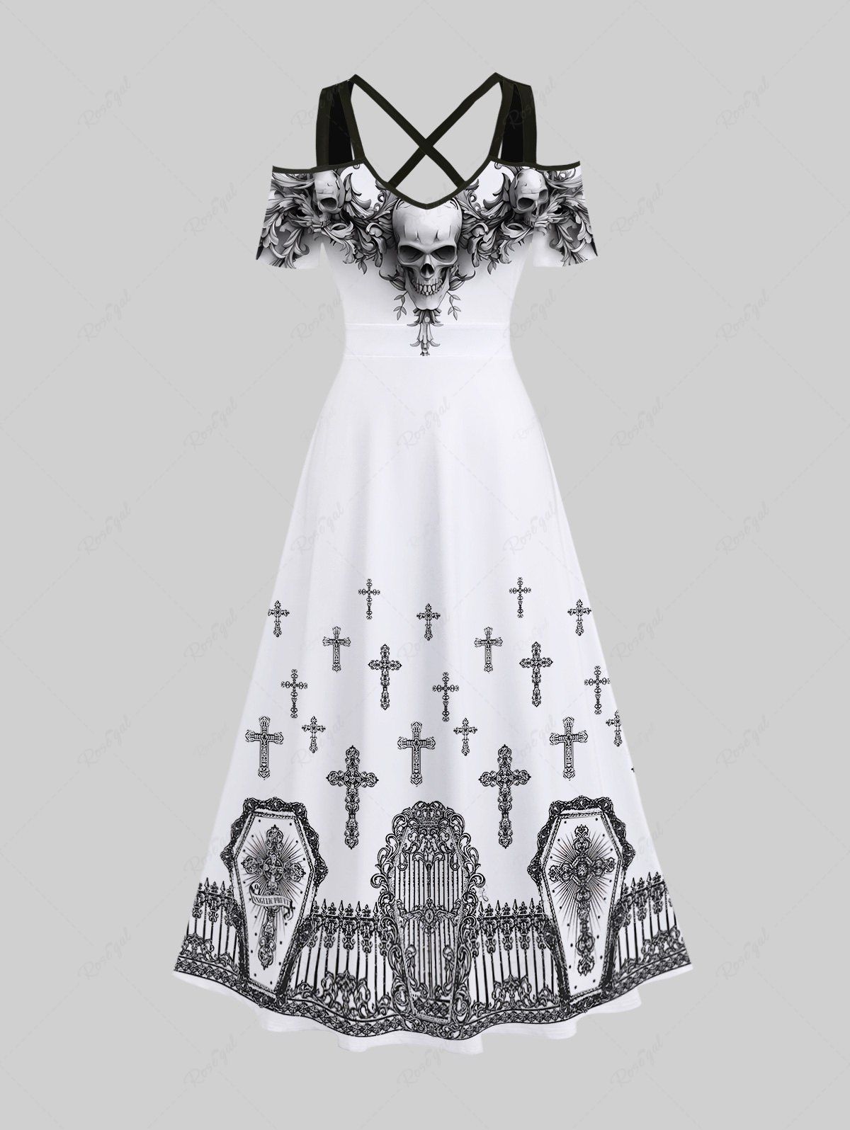 Maxi Robe Costume D'Halloween Crâne Imprimée Croisé à Epaule Dénudée Grande Taille Blanc 3X