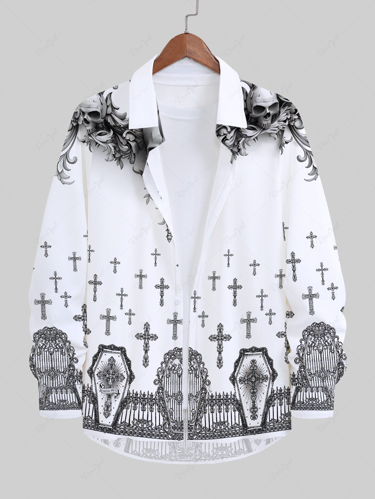 Chemisier à Manches Longues avec Imprimé Clôture Boutons et Crânes D'Halloween Grande-Taille pour Hommes Blanc 7XL