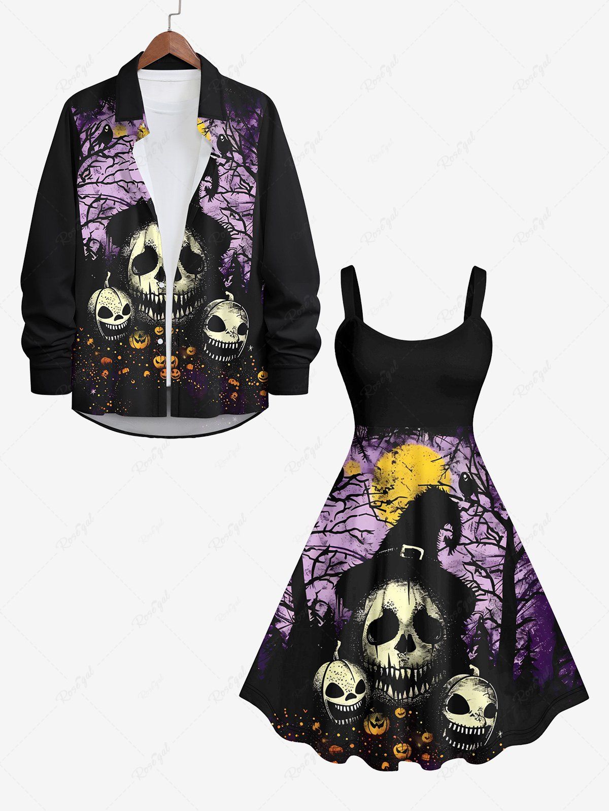 Sale Halloween Costume Skulls Pumpkin Moon Tree Bird Print Plus Size Matching Outfit For Couples  