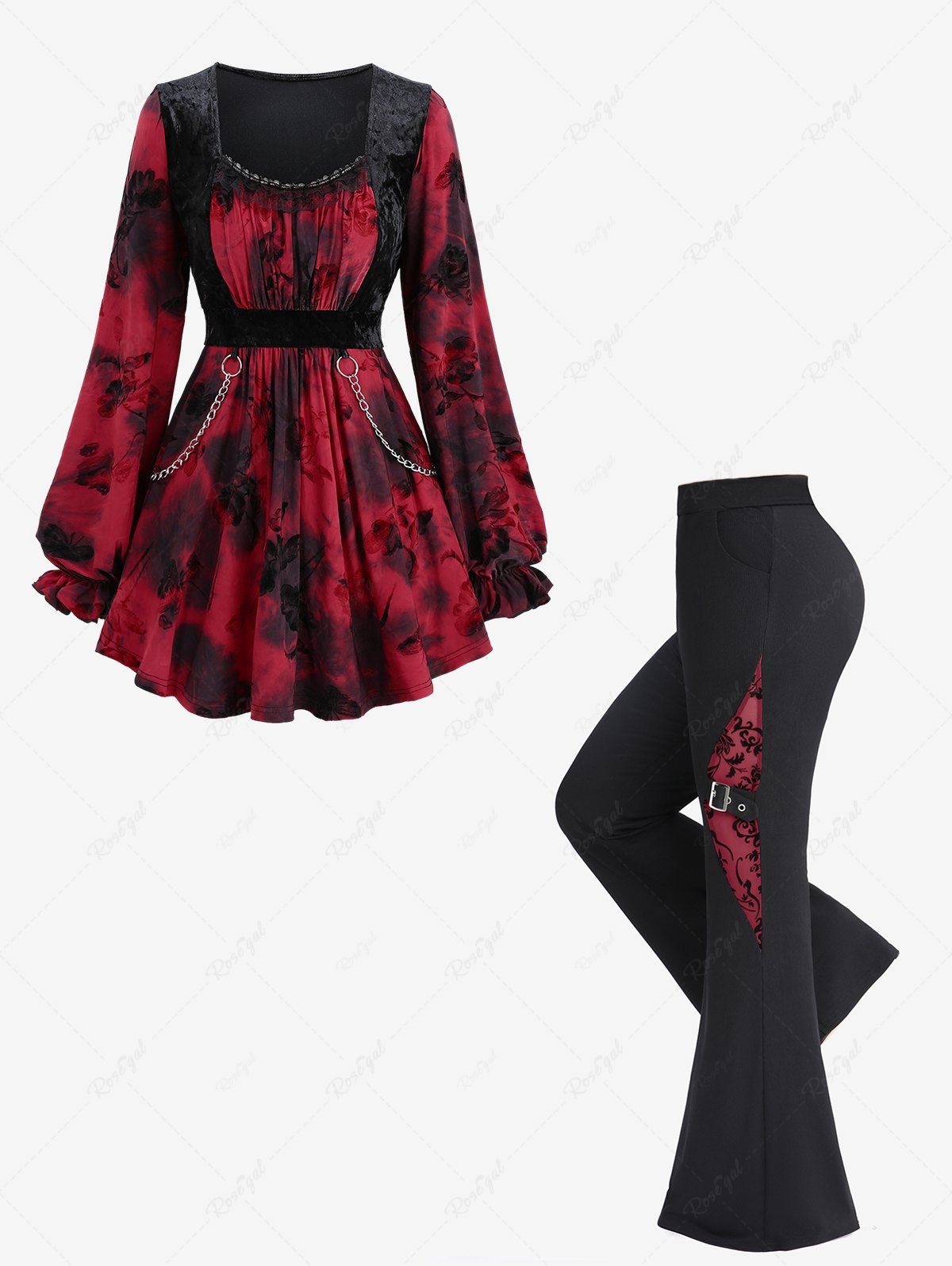 Fashion Tie Dye Ruched Bust Lace Trim Velvet Patchwork Top and Mesh Flockinig Ribbed Pants Plus Size Outfit  