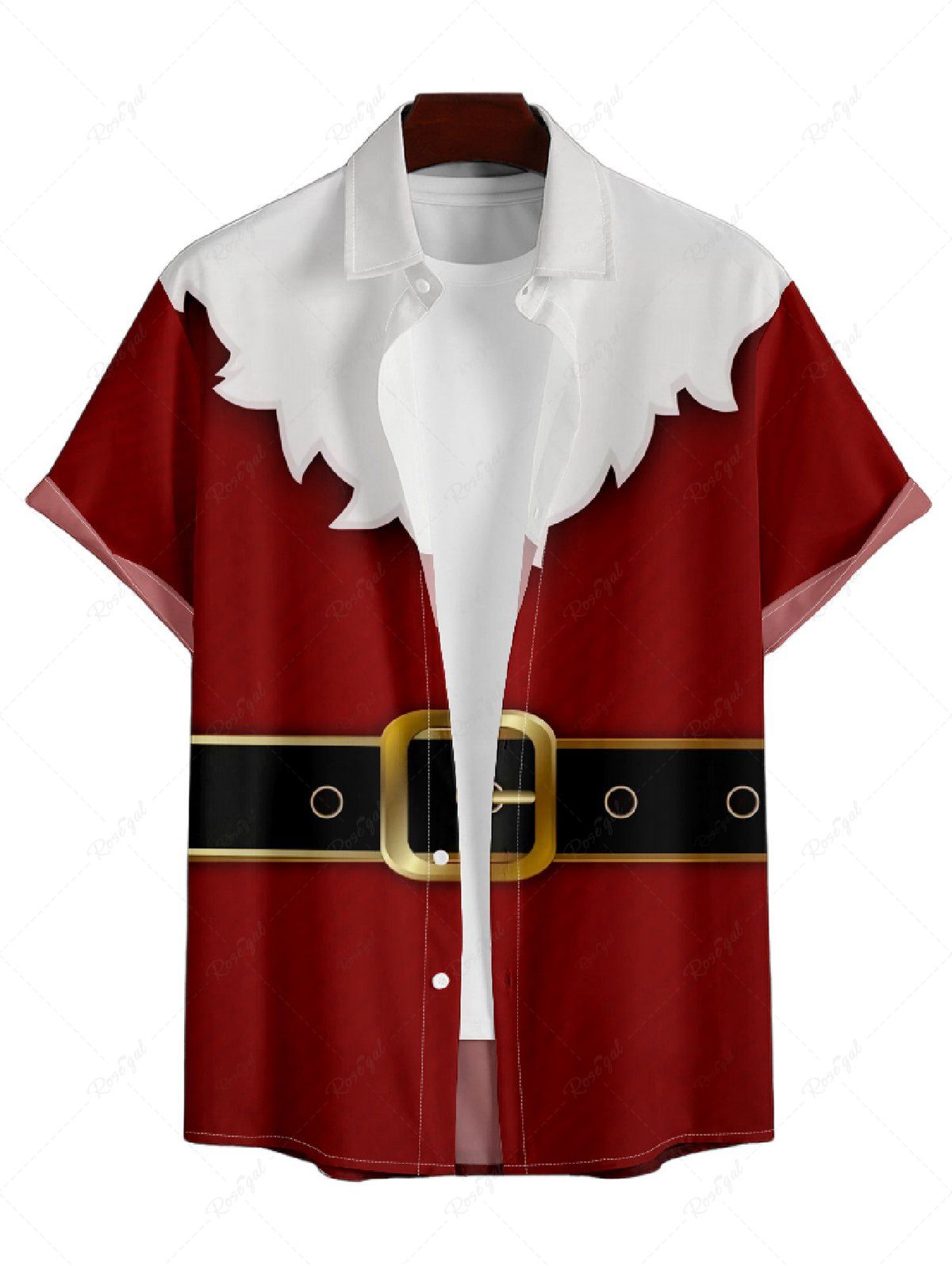 Trendy Men's Christmas Belt Print Roll Up Sleeve Shirt  