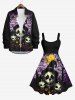 Robe Costume D'Halloween Citrouille Crâne et Arbre Imprimés de Grande Taille - Noir M