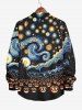 Plus Size Halloween Costume Moon Pumpkin Wizard Ghost Star Oil Painting Print Buttons Long Sleeve Shirt For Men -  