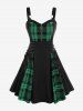 Plus Size Plaid Colorblock Print Lace Up Half Zipper Patchwork Fit and Flare Dress -  
