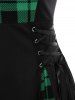 Plus Size Plaid Colorblock Print Lace Up Half Zipper Patchwork Fit and Flare Dress -  