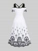 Maxi Robe Costume D'Halloween Crâne Imprimée Croisé à Epaule Dénudée Grande Taille - Blanc 3X