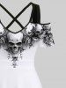 Maxi Robe Costume D'Halloween Crâne Imprimée Croisé à Epaule Dénudée Grande Taille - Blanc 3X
