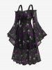 Plus Size Gothic Skull Rose Print Mesh Bell Sleeves Cold Shoulder Dress -  