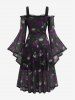 Plus Size Gothic Skull Rose Print Mesh Bell Sleeves Cold Shoulder Dress -  