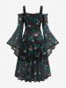 Plus Size Gothic Skull Rose Print Mesh Bell Sleeves Cold Shoulder Dress - Bleu 4X | US 26-28