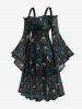Robe grande taille à imprimé gothique crâne et rose, manches cloche en résille et épaules dénudées - Bleu 5x | US 30-32