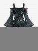 Robe grande taille à imprimé gothique crâne et rose, manches cloche en résille et épaules dénudées - Bleu 5x | US 30-32