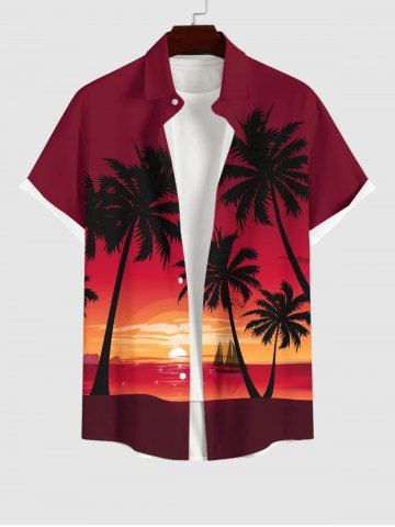 Plus Size Coconut Tree Sunset Sea Sailboat Ombre Print Buttons Pocket Hawaii Shirt For Men - RED - XL