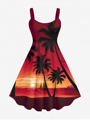 Plus Size Coconut Tree Sunset Sea Sailboat Ombre Print Hawaii Tank Dress - RED - S