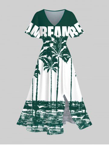 Plus Size Coconut Tree Colorblock Dreams Letters Print Split Hawaii Midi Dress - MULTI-A - XS