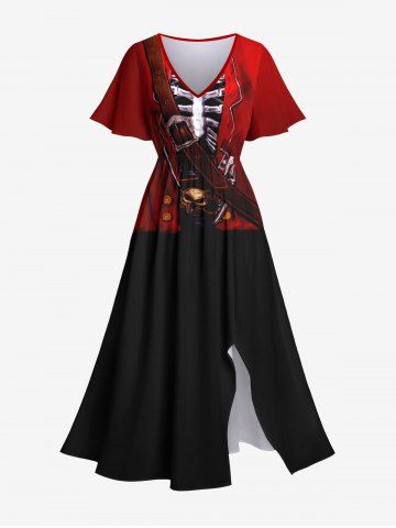 Plus Size Halloween Costume Pirate Colorblock Skeleton Buckle Skull 3D Print Split Midi Dress - RED - 1X