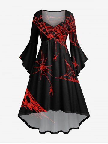 Plus Size Halloween Costume Spider Web Insect Print Flare Sleeve High Low Dress - BLACK - S