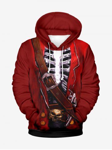 Plus Size Halloween Costume Pirate Skeleton Buckle Skull 3D Print Pocket Hoodie For Men - RED - 4XL