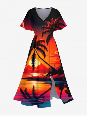 Plus Size Coconut Tree Sunset Mountain Sea Cloud Print Split Hawaii Midi Dress - RED - XS