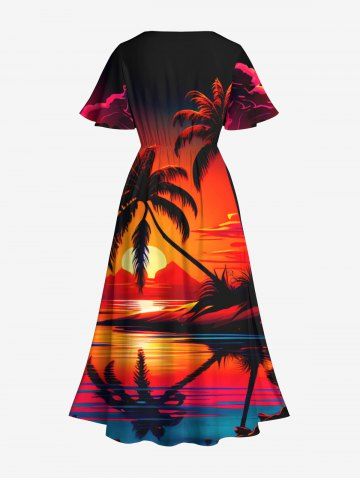 Plus Size Coconut Tree Sunset Mountain Sea Cloud Print Split Hawaii Midi Dress