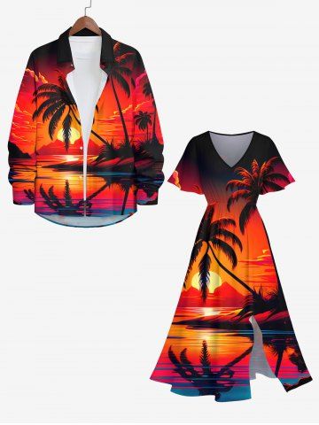 Plus Size Coconut Tree Sunset Mountain Sea Cloud Print Split Hawaii Midi Dress