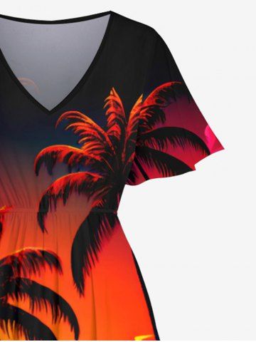 Plus Size Coconut Tree Sunset Mountain Sea Cloud Print Split Hawaii Midi Dress