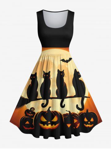 Plus Size Pumpkin Moon Bat Cat Print Halloween Costume Vintage Swing A Line Dress - BLACK - S