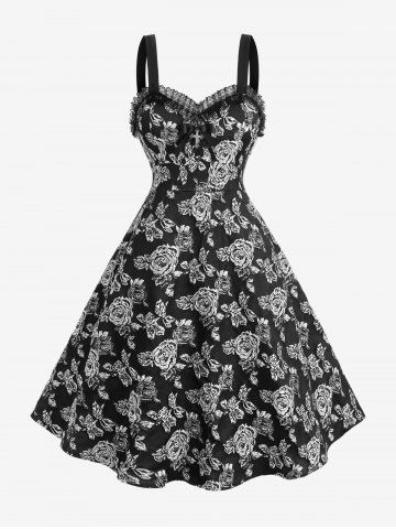 Plus Size Rose Flower Embroidery Jacquard Lace Trim Vintage A Line Tank Dress - BLACK - L | US 12