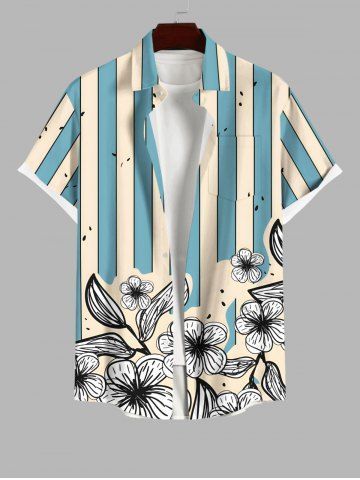 Plus Size Floral Geometric Striped Colorblock Print Hawaii Button Pocket Shirt For Men - GREEN - S