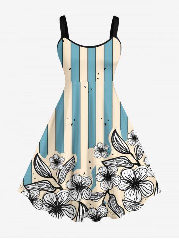 Plus Size Floral Geometric Striped Colorblock Print Hawaii A Line Tank Dress - LIGHT GREEN - XS