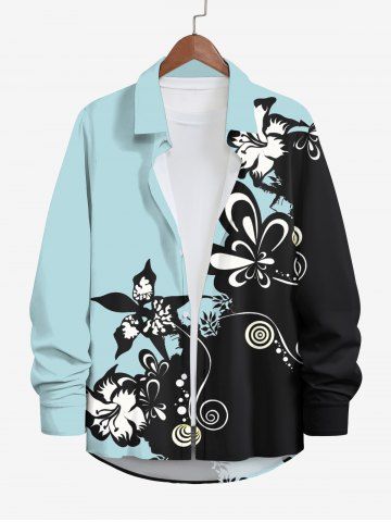 Plus Size Curve Flower Butterfly Colorblock Print Hawaii Button Shirt For Men - LIGHT GREEN - M
