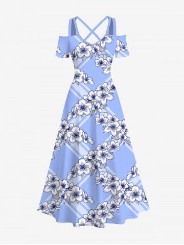 Plus Size Floral Geometric Plaid Print Hawaii Crisscross A Line Maxi Dress - LIGHT BLUE - XS