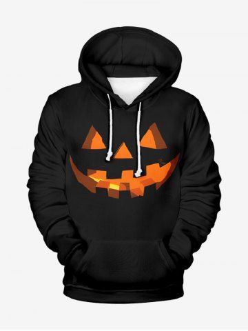 Plus Size Halloween Costume Pumpkin Face Print Pocket Drawstring Hoodie
