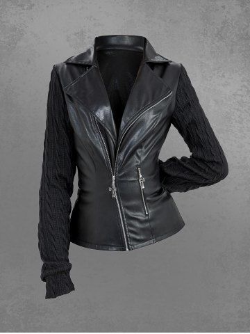 Gothic Turn-down Collar Cable Knit Sleeves Cross Zipper Pocket PU Panel Patchwork Jacket - BLACK - XXL