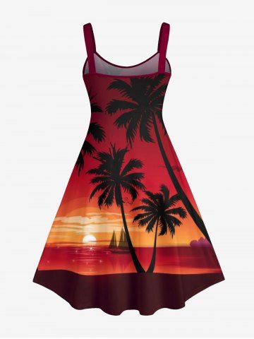 Plus Size Coconut Tree Sunset Sea Sailboat Ombre Print Hawaii Tank Dress
