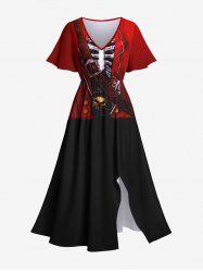 Robe Mi-Longue Bouclée 3D Crâne Pirate Imprimés en Blocs de Couleurs de Grande Taille - Rouge L