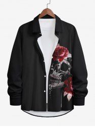 Plus Size Halloween Costume Skulls Rose Flower Butterfly Print Buttons Long Sleeve Shirt For Men -  