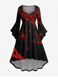 Plus Size Halloween Costume Spider Web Insect Print Flare Sleeve High Low Dress -  