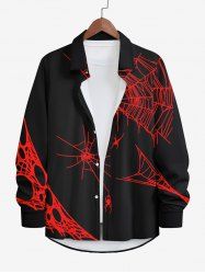 Plus Size Halloween Spider Web Insect Print Buttons Long Sleeve Shirt For Men -  