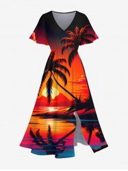 Plus Size Coconut Tree Sunset Mountain Sea Cloud Print Split Hawaii Midi Dress -  